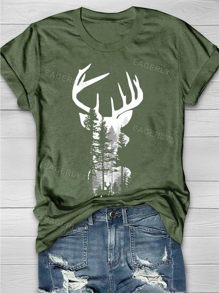 Eagerlys Forest Deer Printed Casual T-Shirt Eagerlys