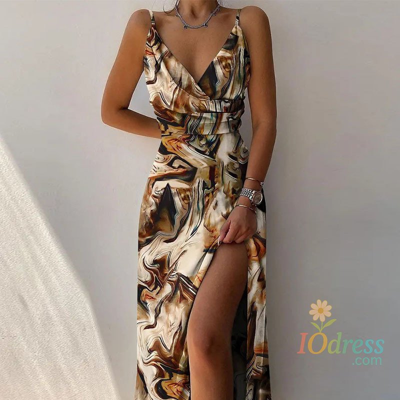 IO Dress Sexy Deep V Neck Paghetti Strap High Waist Dress For Women Elegant Big Hem High Split Folds Long Dresses 2024 Summer New Lady IO Dress