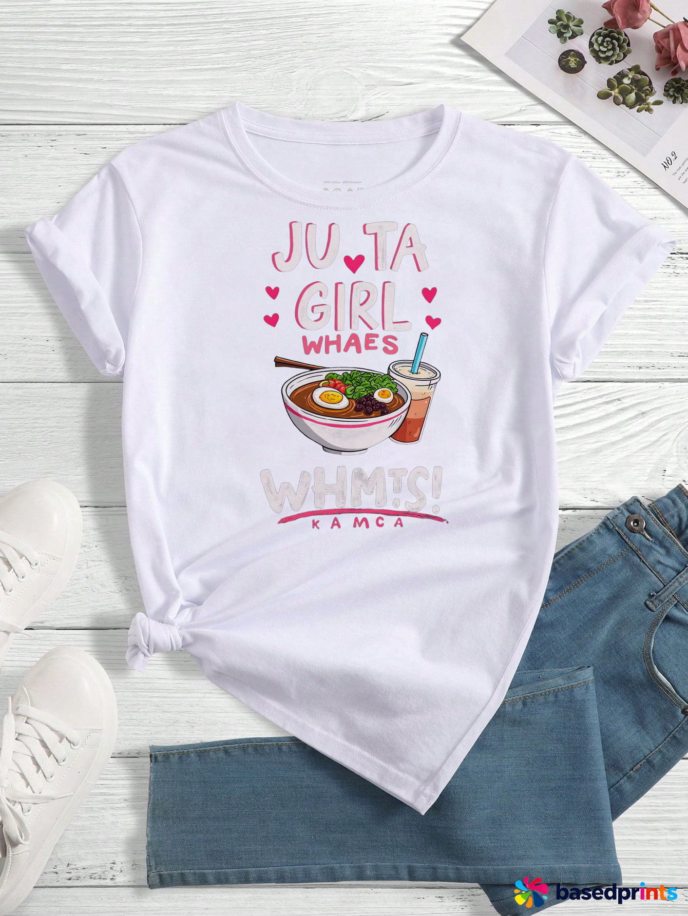 White Short Sleeve T-Shirt with Cute Food Print
