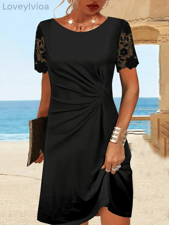 Women's Casual Dress With Round Neck Pleated Design And Lace Stitching