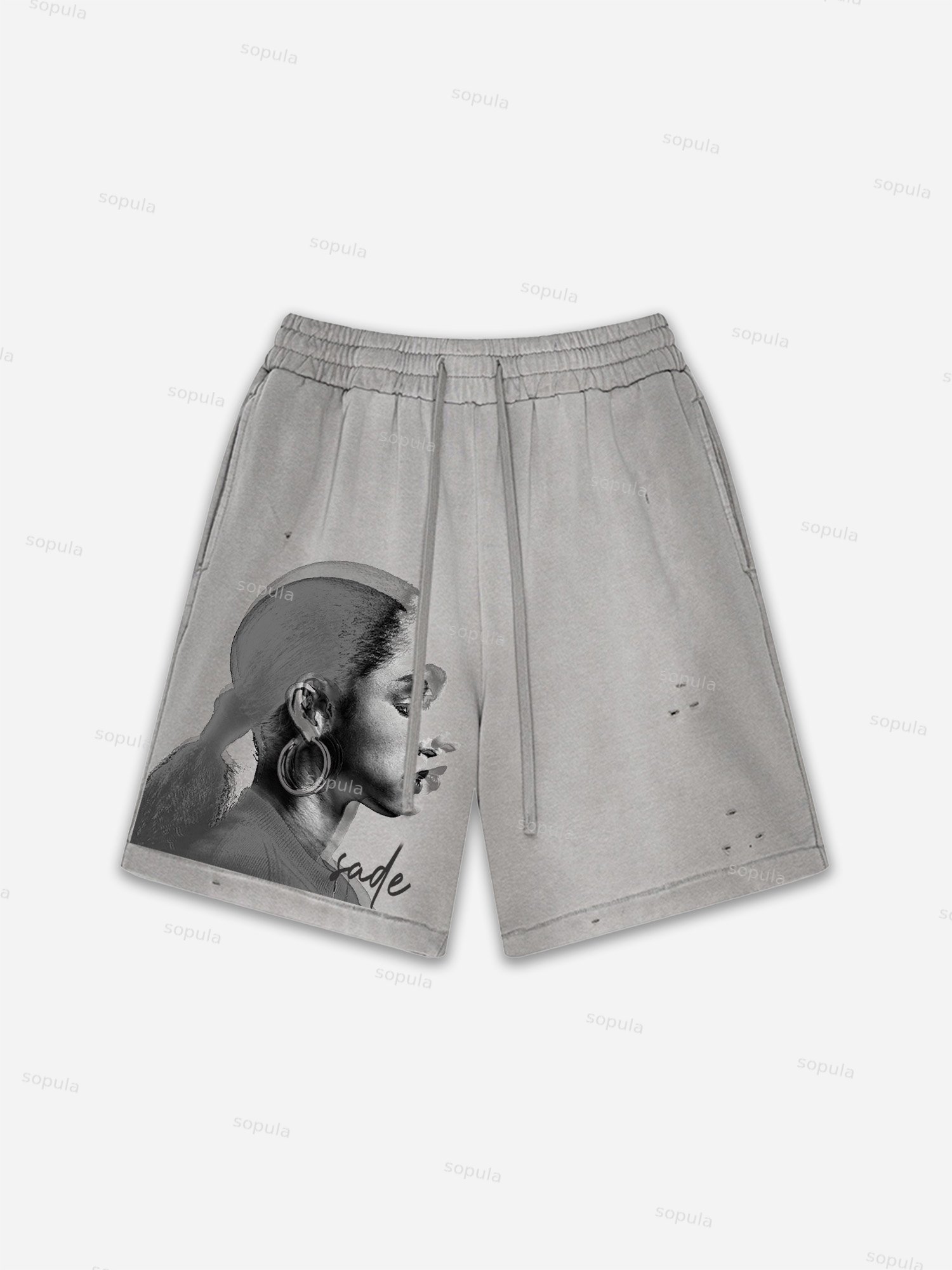Sade Adu Print Vintage Washed Ripped Shorts
