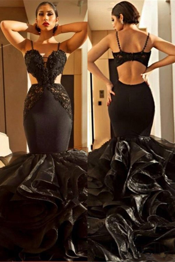 Luluslly Black Spaghetti-Straps Mermaid Evening Gowns Lace Appliques With Ruffles