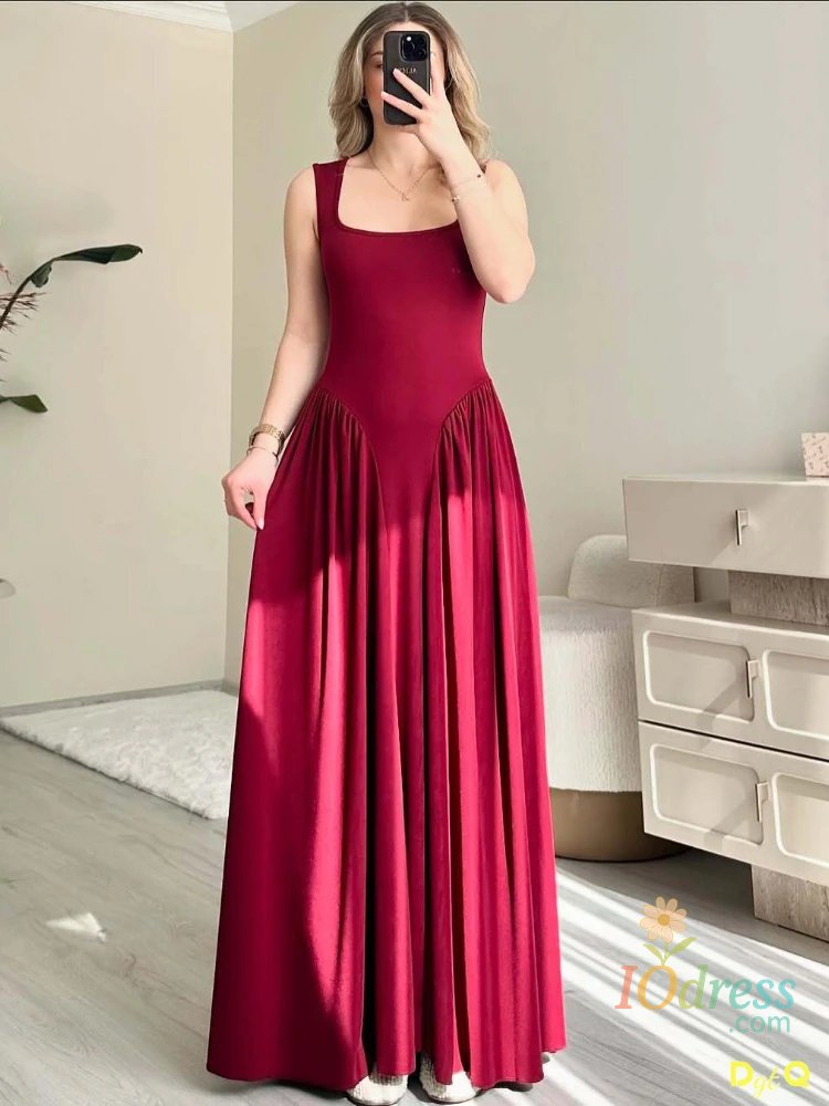 IO Dress Fashion Pleated Dress Women Sling Sleeveless Ruffle Hem A-line Midi Dresses Female 2025 Spring Summer Casual Solid Lady Robes IO Dress