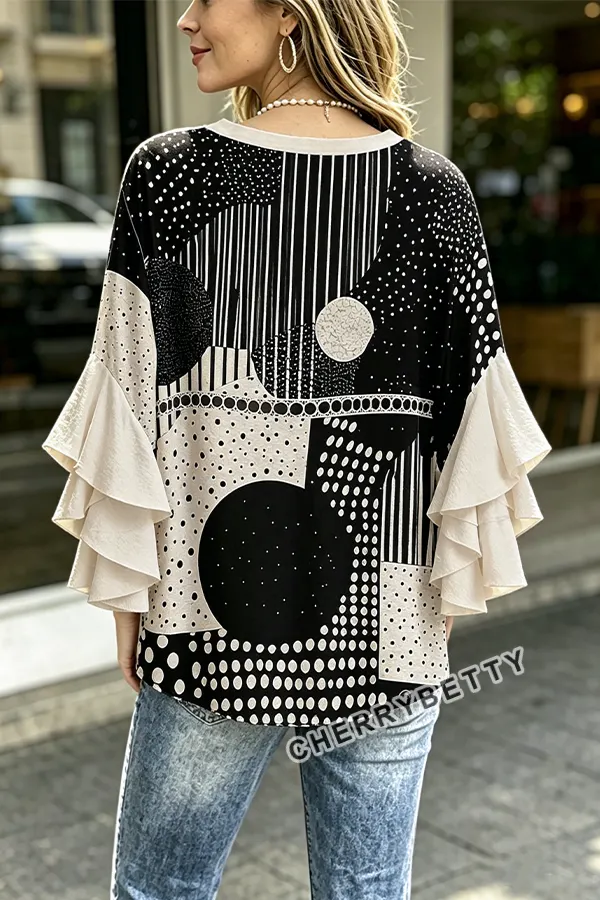 CHERRYBETTY Mixed Polka Dot Print Hollow Out Ruffle Sleeve Top