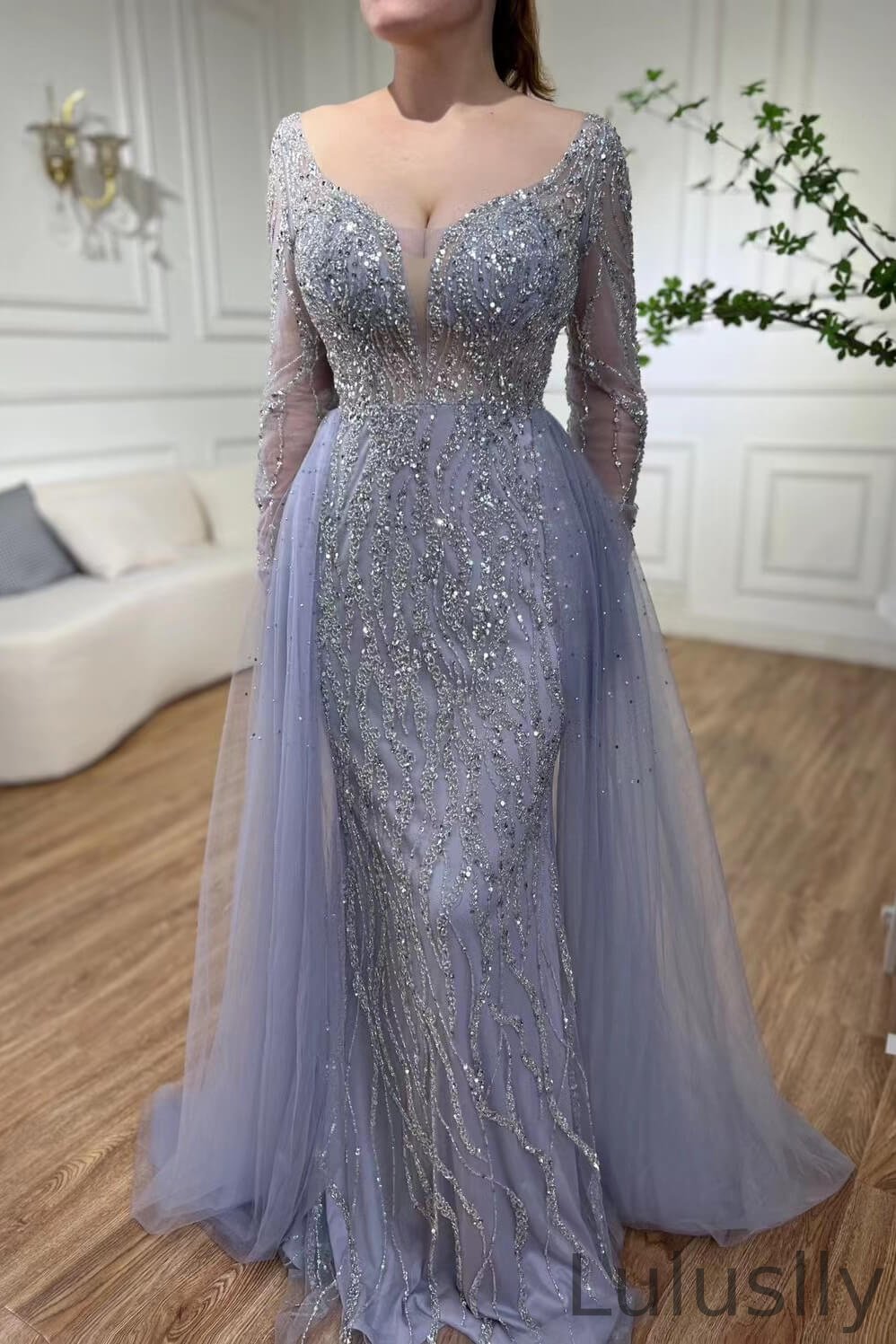Luluslly V-Neck Mermaid Evening Dress Beadings With Overskirt Long Sleeves