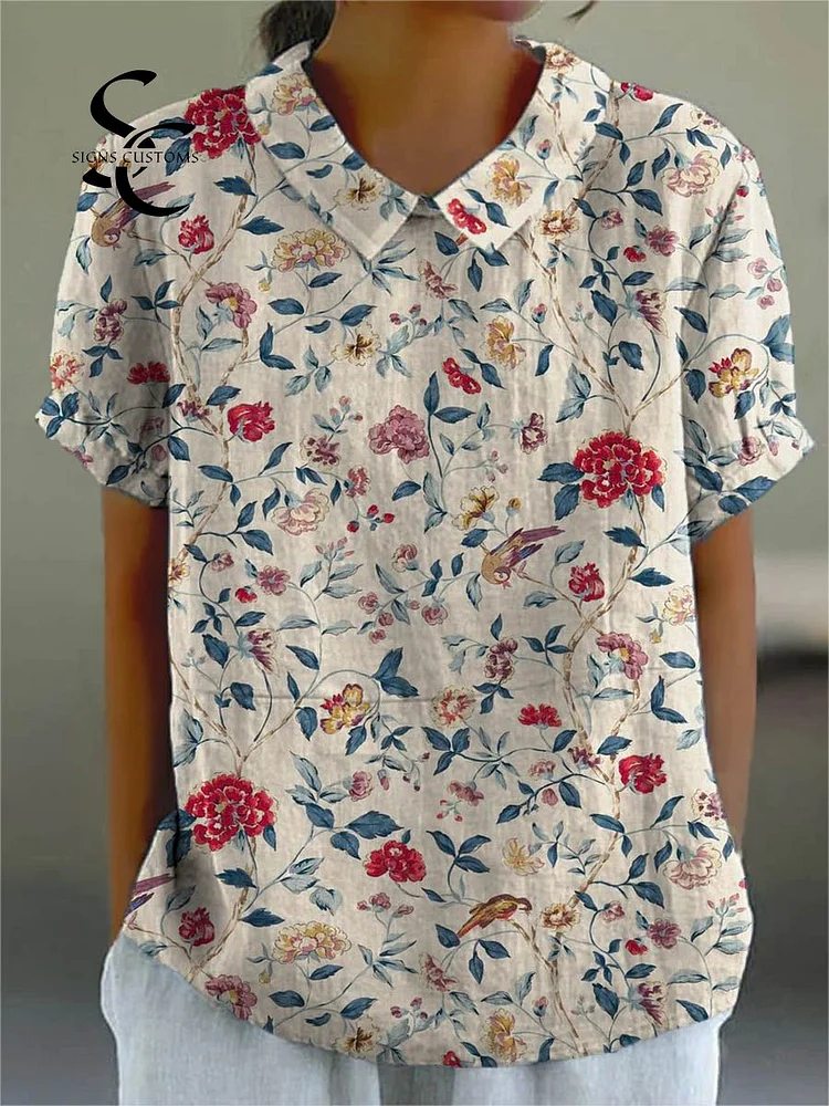 Women's Vintage Lovely Floral Pattern Art Print Casual Cotton And Linen Shirt
