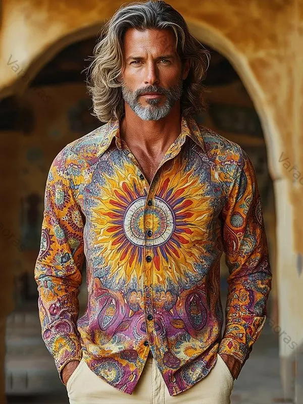 Men's Retro Hippie Sunflower Tie Dye Print Long Sleeve Shirt ce90