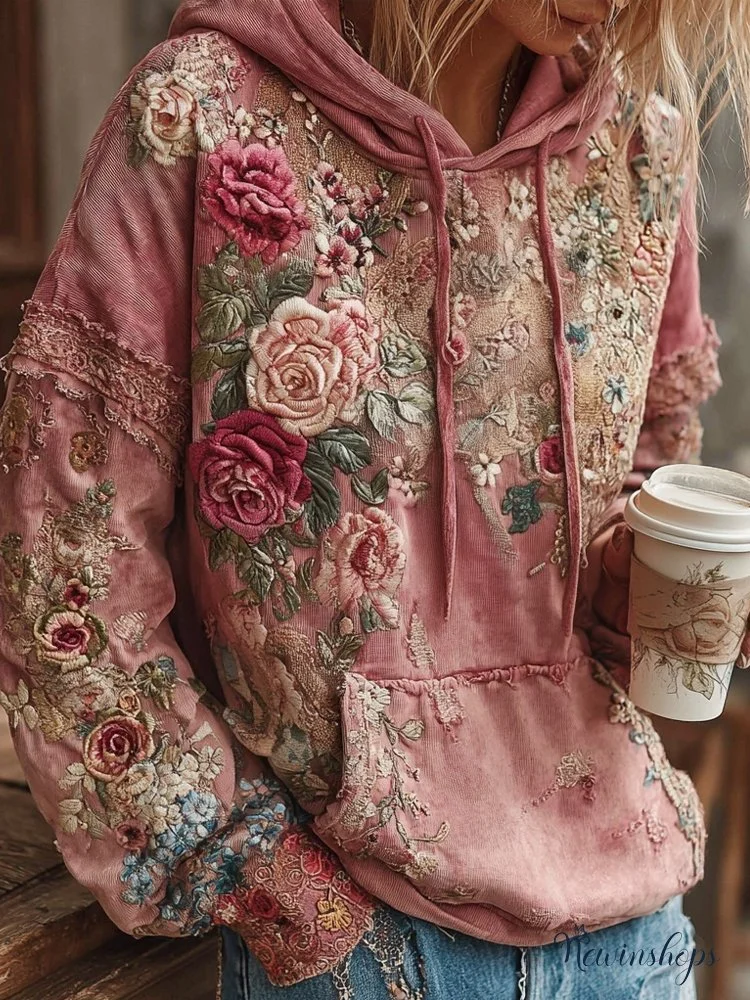 Vintage Pink Roses Embroidered Washed Hoodie