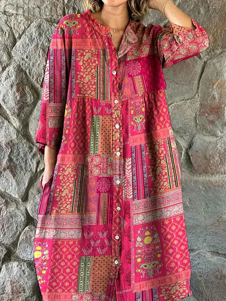 Women's Bohemian Ethnic Geometric Print Cotton And Linen Dress