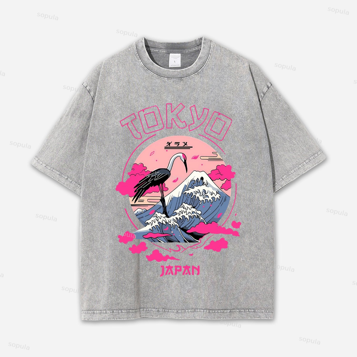 Vintage Japanese Crane Waves Graphic Acid Washed T-shirt