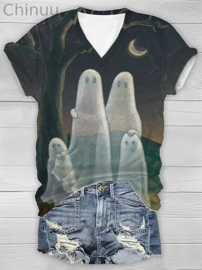 Halloween Women's Ghost Print Short Sleeve T-Shirt