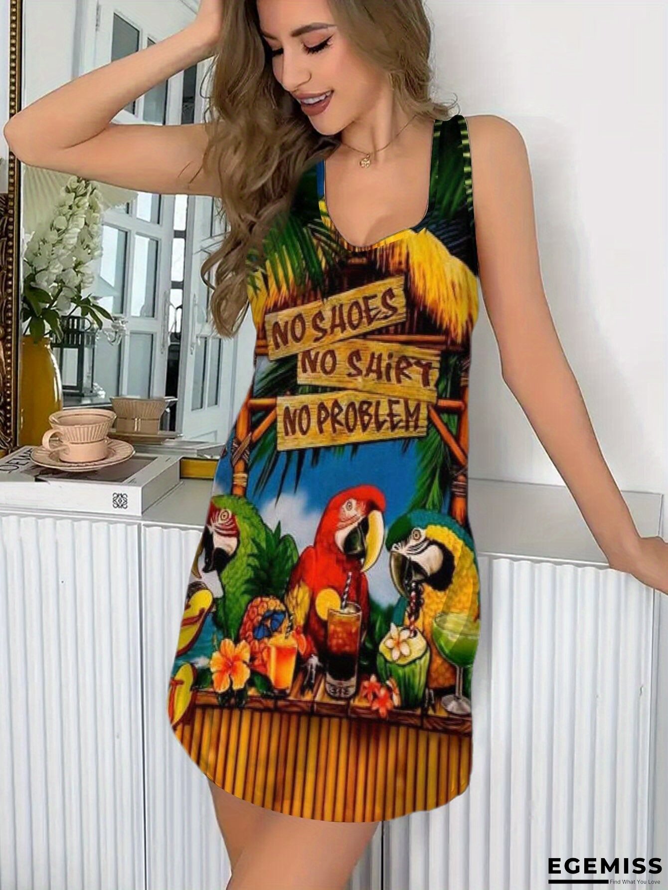 Women's Tropical Hawaiian Parrot Beach Bar Dress - Vibrant Red Cocktail Party Dress With Tropical Fruits & Leopard Print, Plus Size Summer Vacation Dress, Tropical Dress, Casual Beachwear, Comfortable Fit | EGEMISS