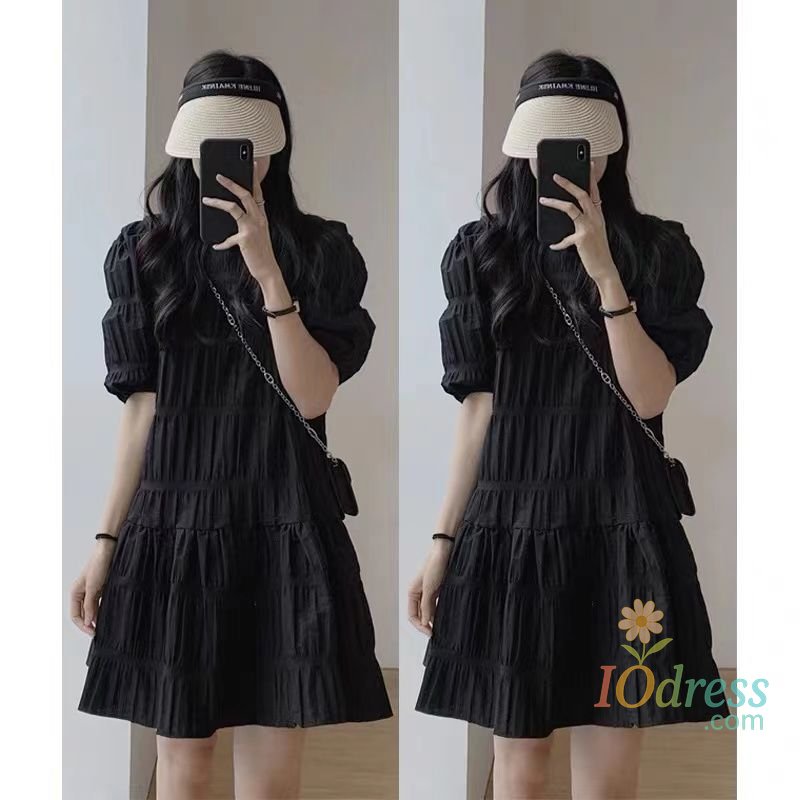 IO Dress Loose Casual Solid Dress Woman Summer Chiffon Puff Sleeve O-neck Pleated Vestidos Y2k Korean French Elegant Mini Dresses 원피스 IO Dress