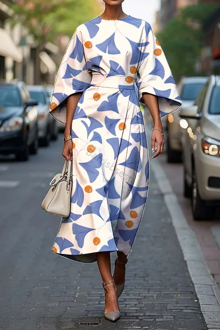 Women's Vintage Elegant Ginkgo Print Midi Dress