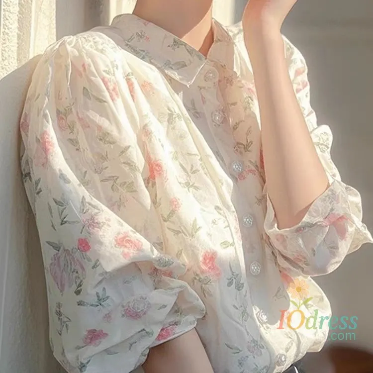 IO Dress Fashion Chiffon Floral Long Sleeve Shirts Women Spring Summer Vintage Print Elegant All-match Tops Sun-proof Blouse Female IO Dress