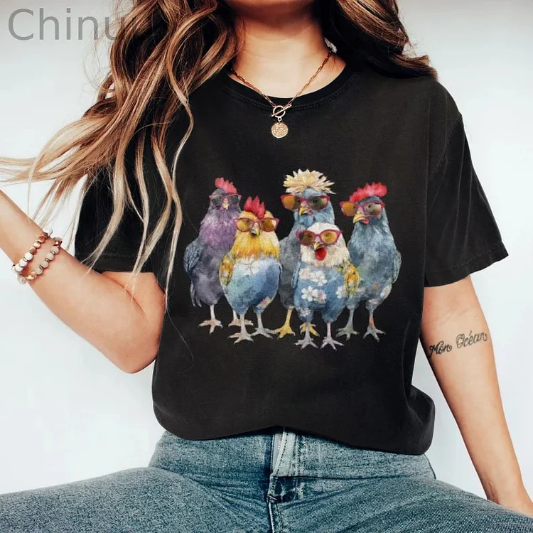 Women's Retro Funny Cute Chickens Casual T-Shirt