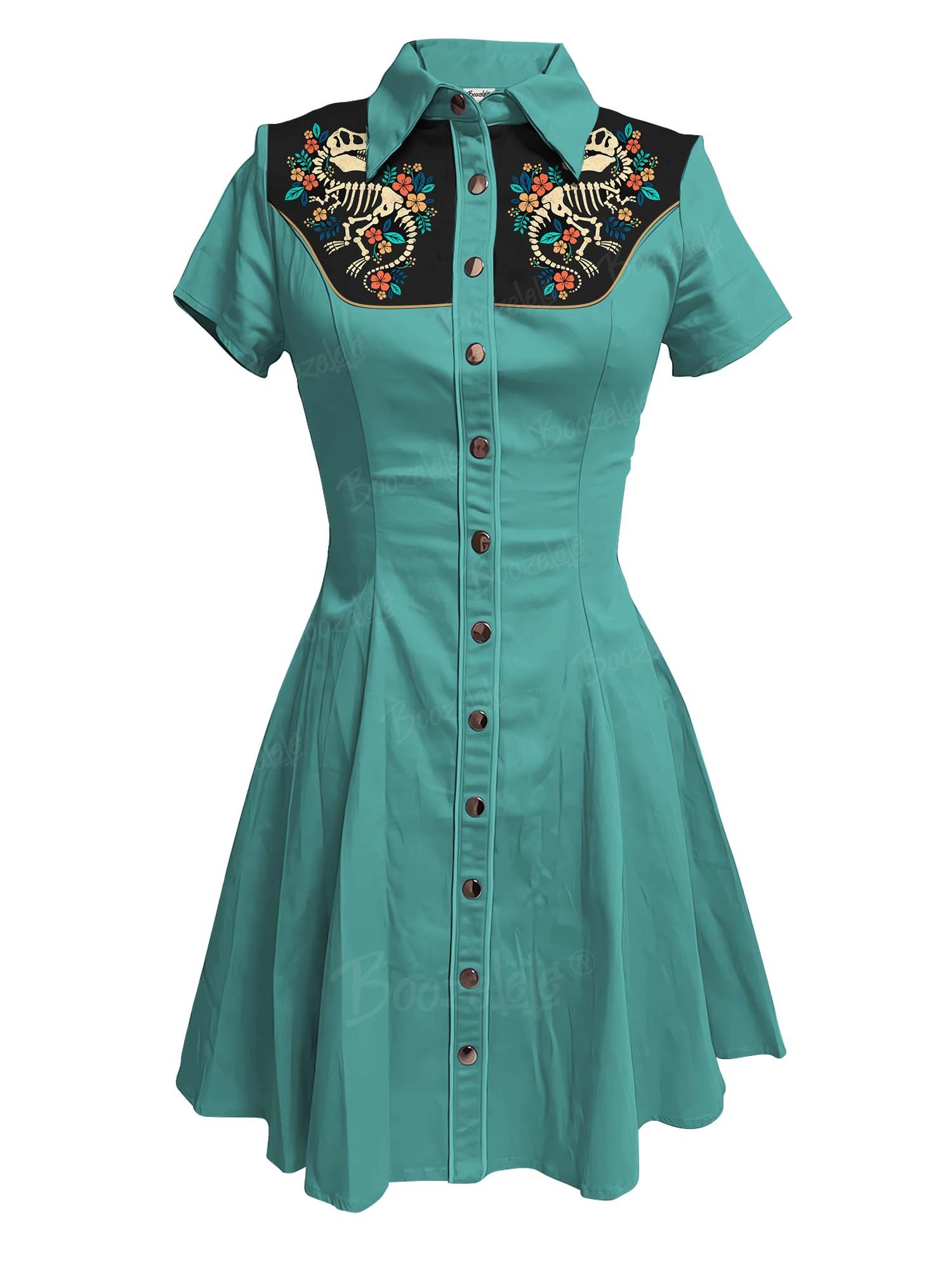 Flowers And Dinosaur Skeleton - 100% Cotton Dress