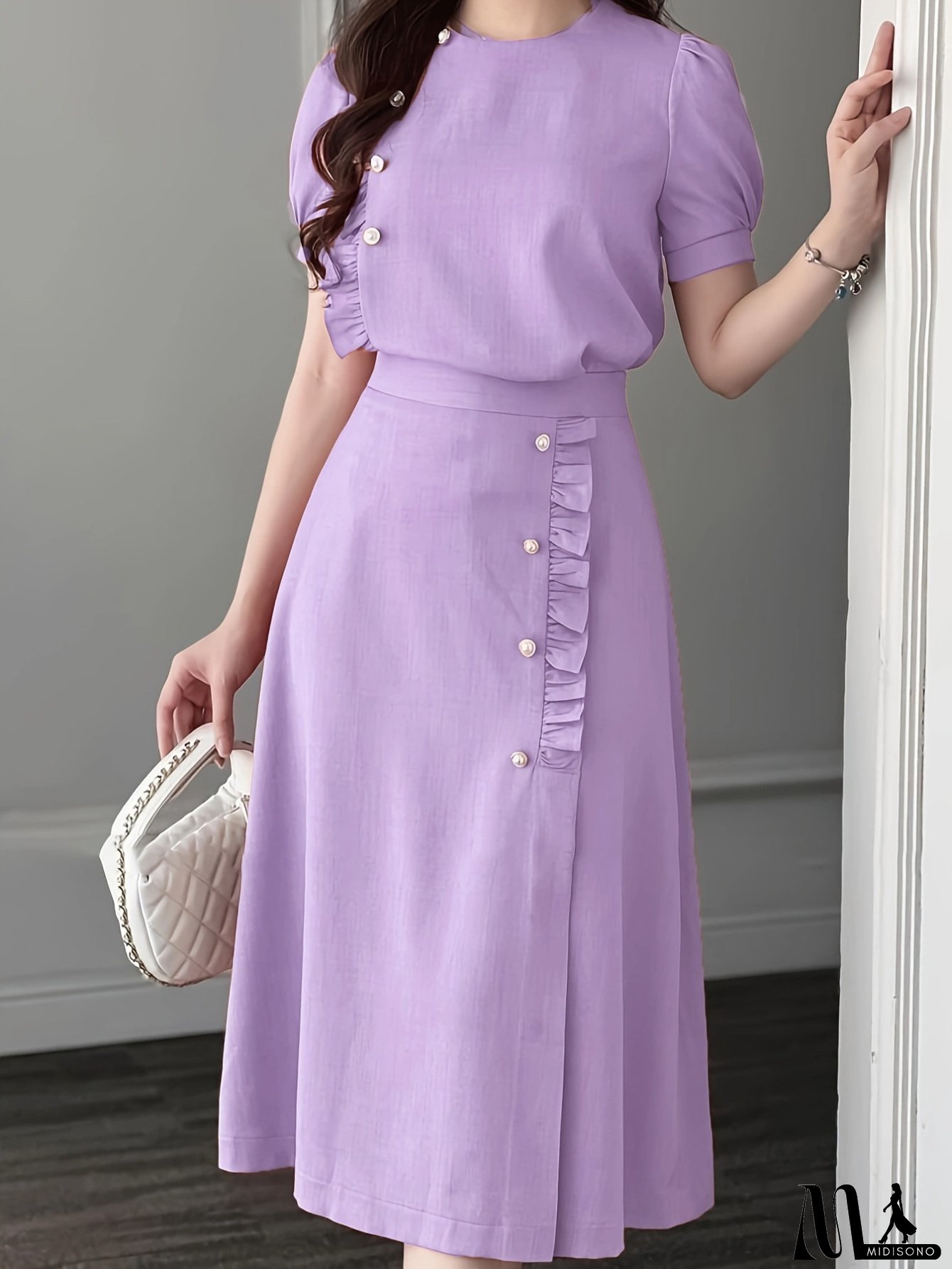 2pcs Women's Elegant Dress Set - Solid Color Violet Purple Short Puff Sleeves & Ruffled Hem With Retro Button Front Closure, A-Line Silhouette Long Dress For Office, Semi-Formal Events, Spring/Autumn Outfits - Hand Washable Non-Stretch Fabric