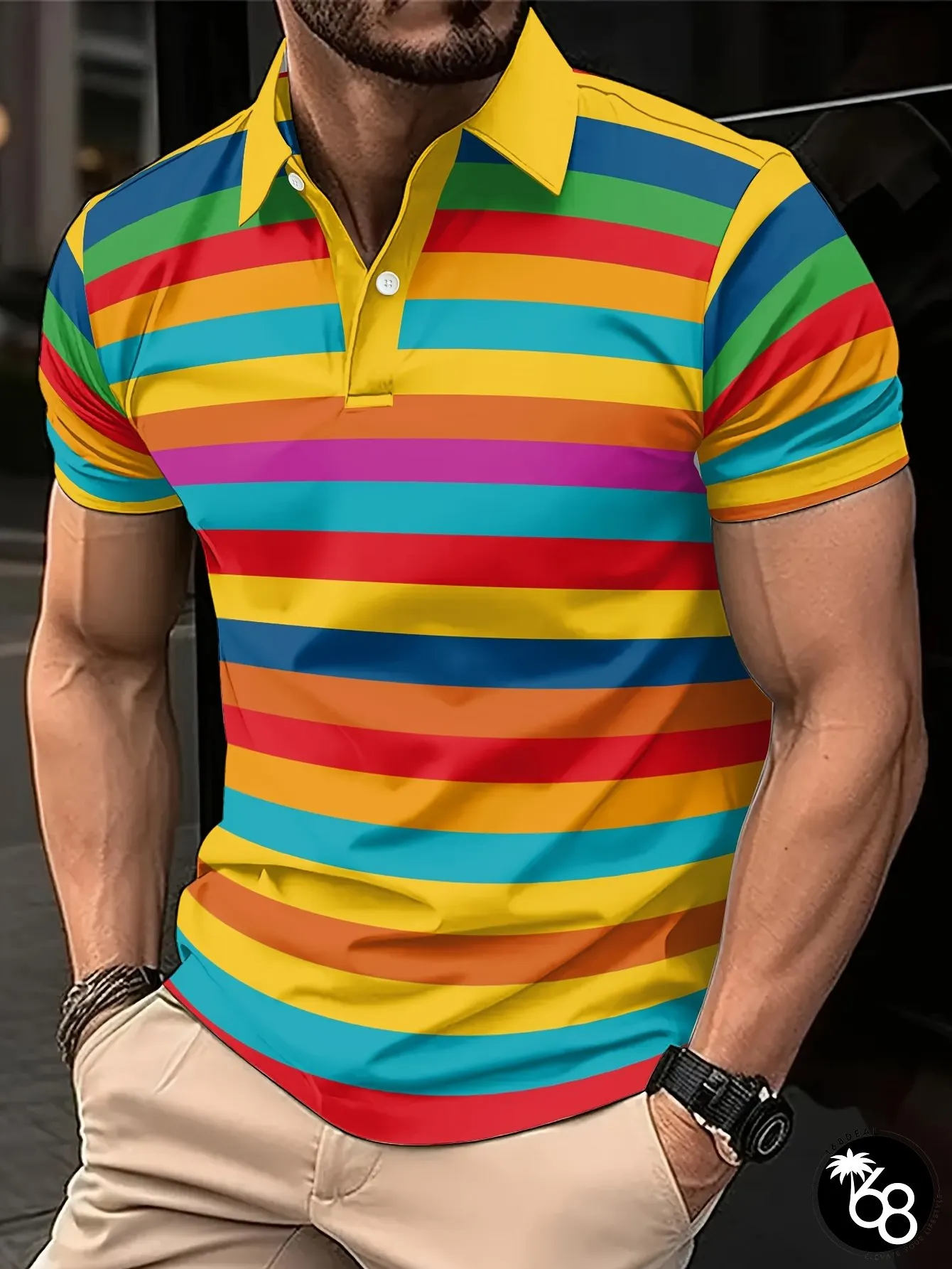 Drippy Mens Shirt-Bold Horizontal Stripe Pattern Red Green Blue Yellow Breathable Fabric | 168DEAL