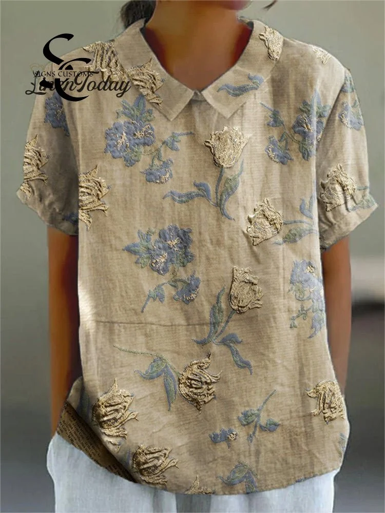 Women's Flower Art Print Casual Cotton And Linen Shirt