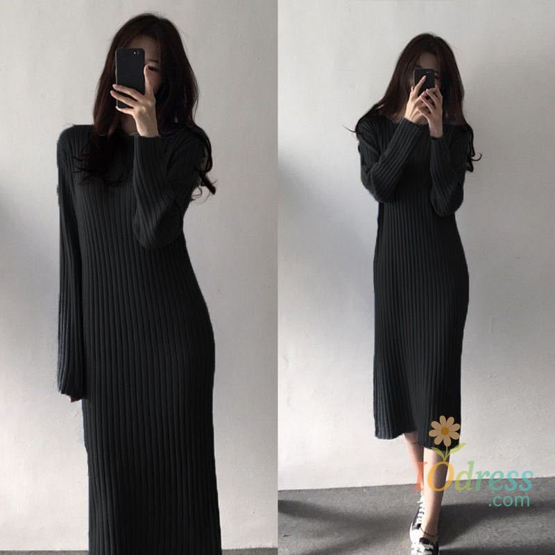 IO Dress Lolita Sweater for Women in Autumn and Winter New Black Loose Mid-length Knitted Dress Over Knee Bottoming