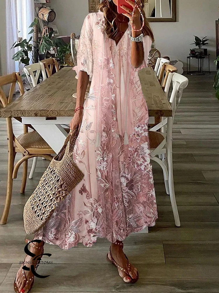 Lace Floral Print V-Neck Casual Loose Half-Sleeve Maxi Dress