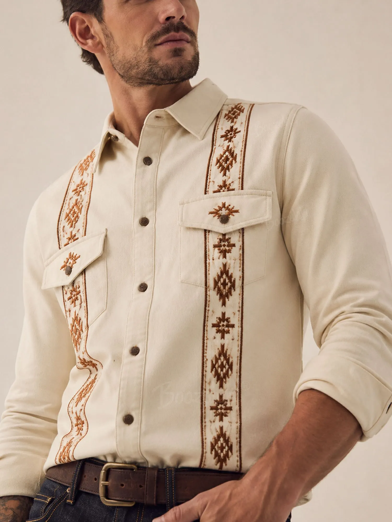 Perfect for Autumn Ranch Gateways &mdash; Cream Aztec Soft Cotton Men's Western Shirt-100% Cotton