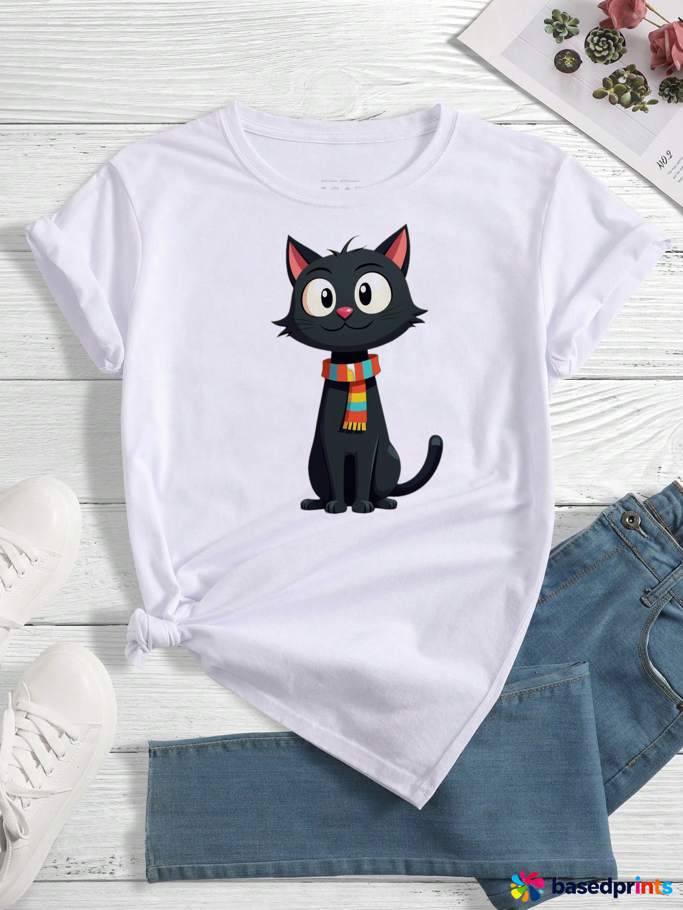 Cute Black Cat Print T-Shirt Women Summer Casual Short Sleeve Tops