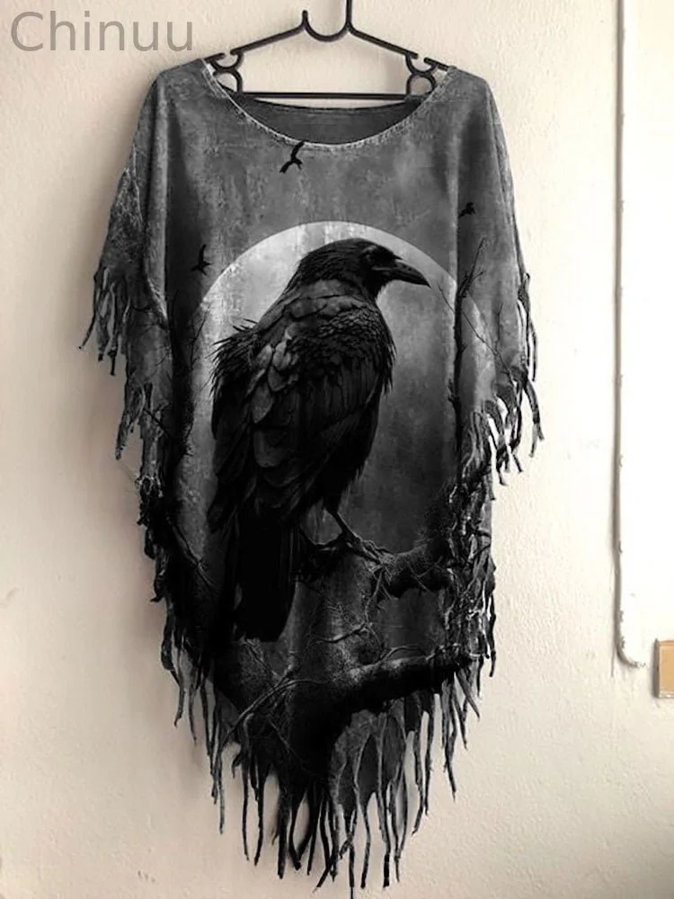 Women's Halloween Moonlight Crow Dead Tree Tassel Top