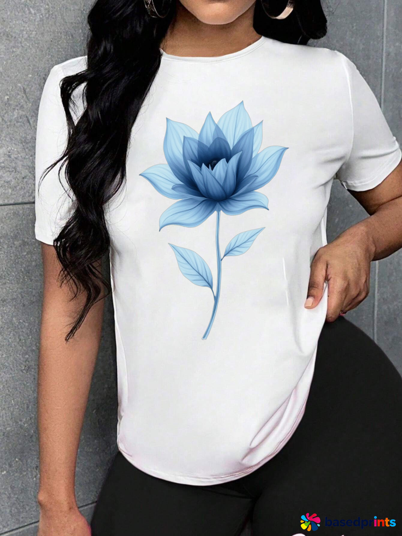 White Short Sleeve T-Shirt with Blue Lotus Flower Print