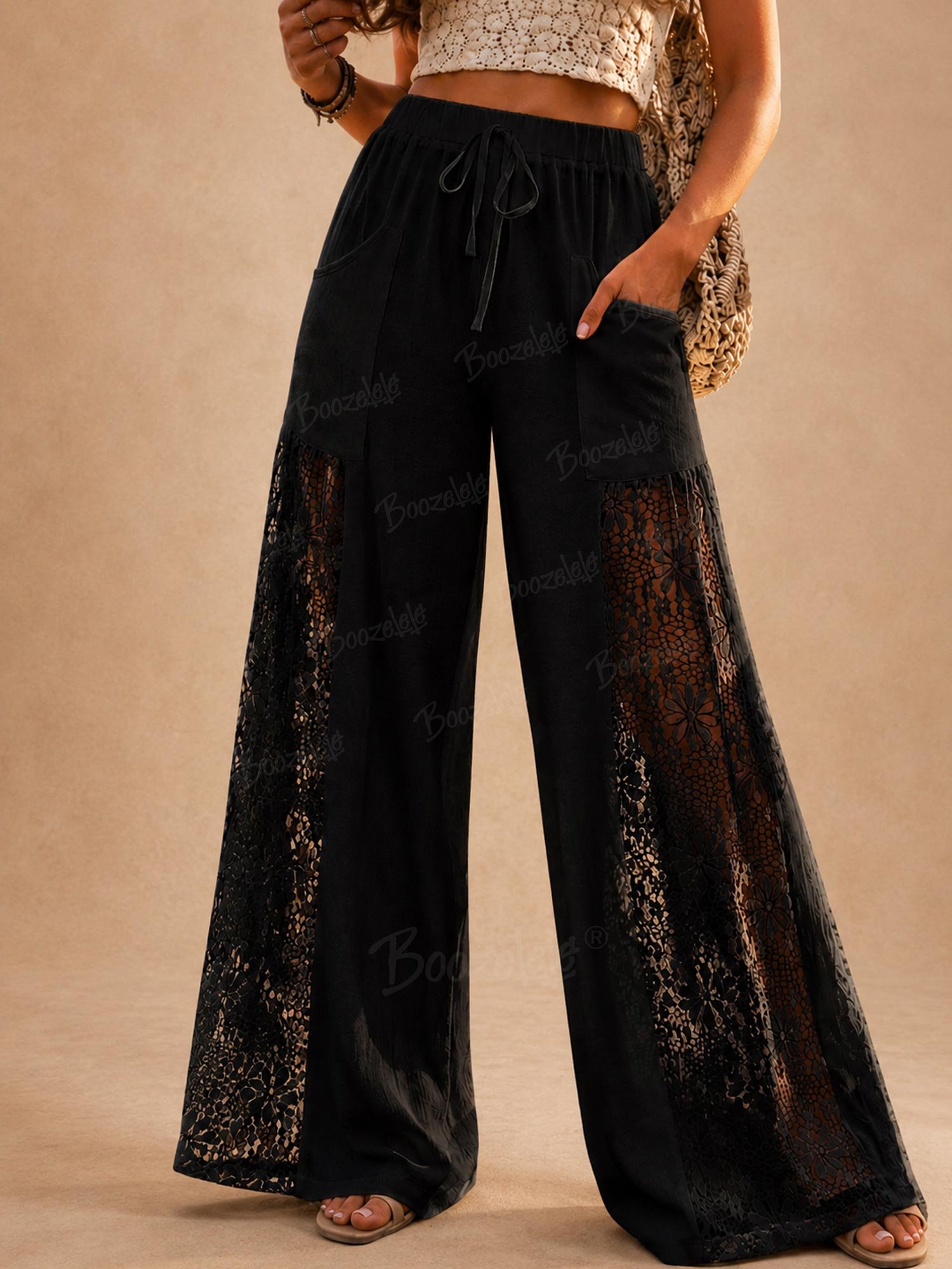 Perfect for Coachella Music Festivals & Ranch Vacations &mdash; High-Waisted Lace Splicing Linen Wide-Leg Pants