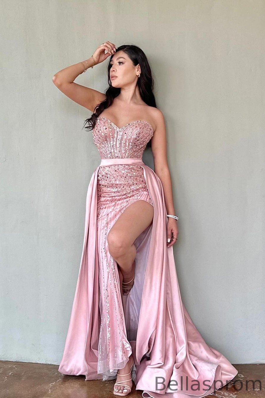 Bellasprom Pink Sweetheart Sleeveless Mermaid Prom Dress With Split Beadings Detachable Skirt Bellasprom