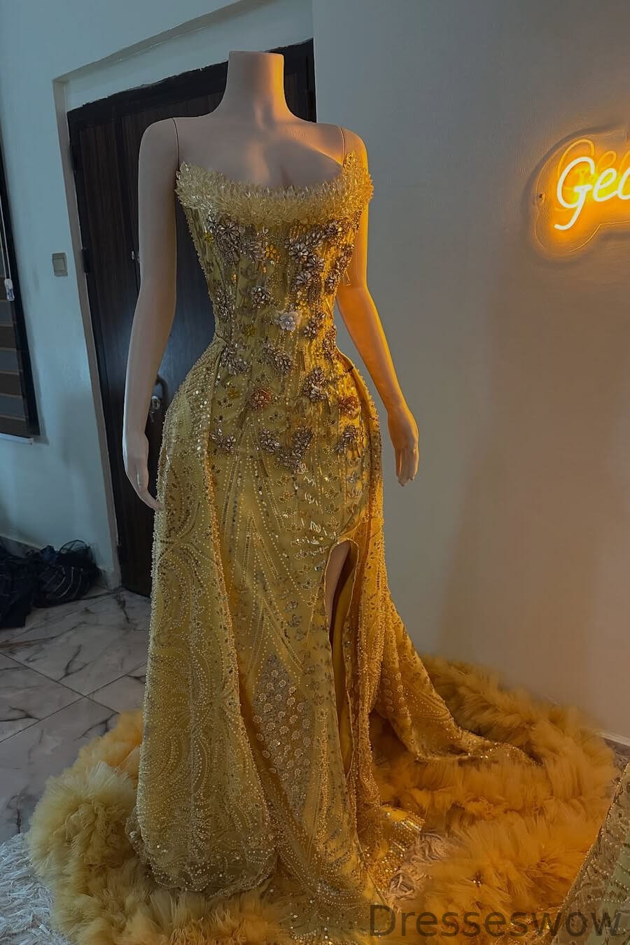 Dresseswow Gold Strapless Beaded Prom Dress Mermaid Split Long With Detachable Skirt