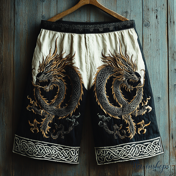Men's Viking Dragon Celtic Knot Patchwork Line Art Shorts