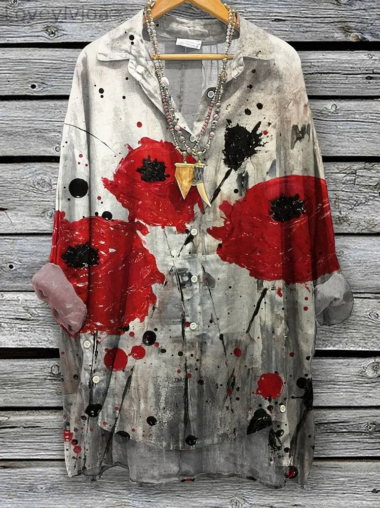 Women's Retro Poppy Painting Art Print Casual Cotton And Linen Shirt
