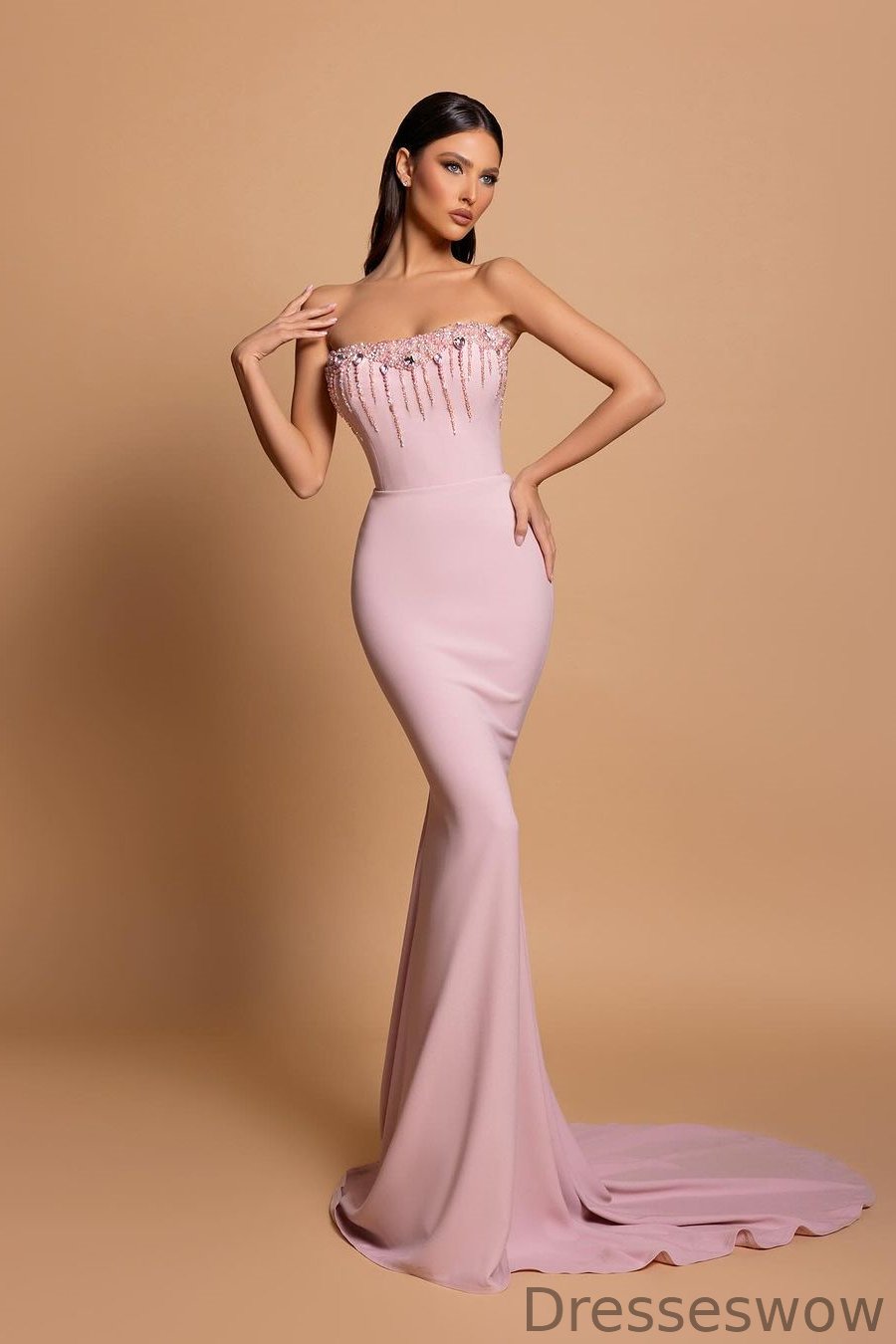 Dresseswow Pink Strapless Sleeveless Mermaid Formal Dresses With Beads Pearls Long