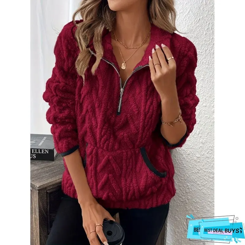 Womens Fleece Half-Zipper Sweater with Large Pocket Soft Warm Full-Zip Closure Machine