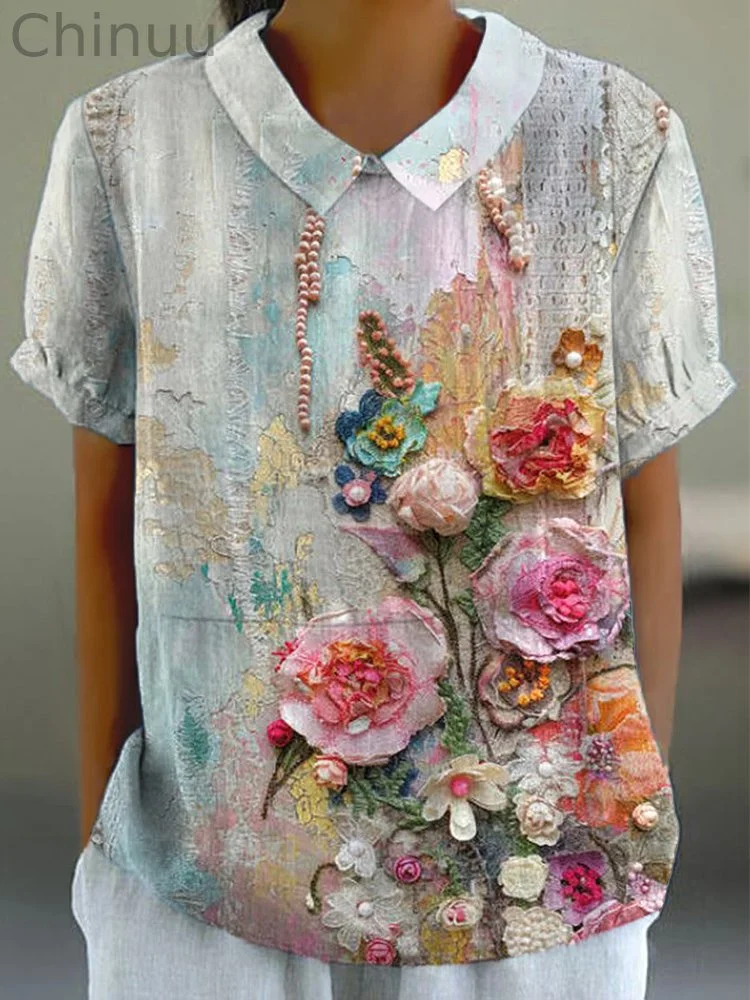 Vintage Floral Embroidery Art Linen Blend Shirt