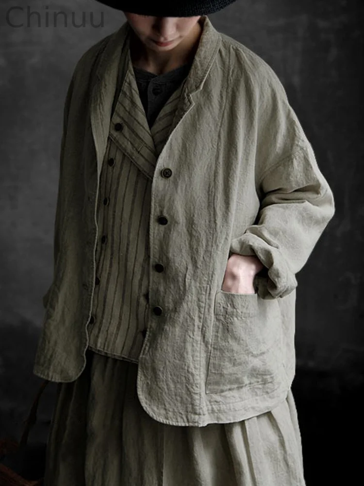 Retro Big Pockets Linen Blend Cozy Jacket