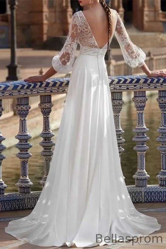 long sleeve white silk wedding dress Simple Long Sleeve Satin Wedding Dress