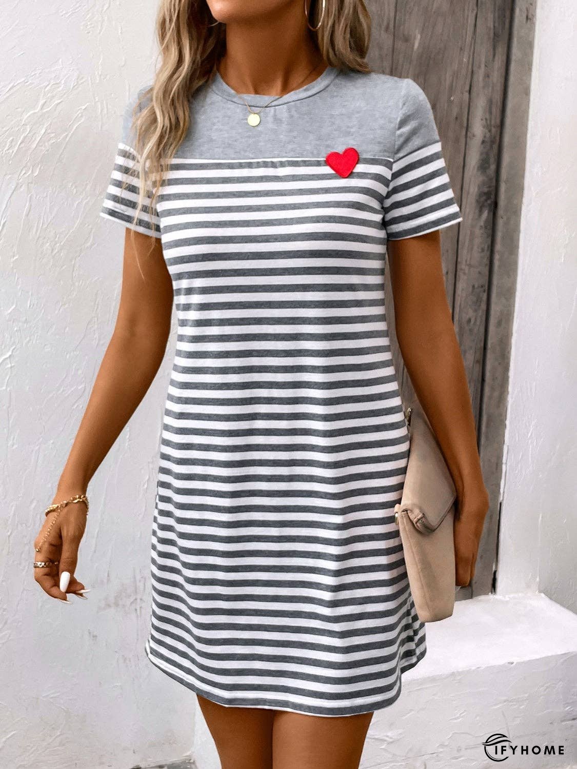 Striped Round Neck Short Sleeve Mini Dress | IFYHOME