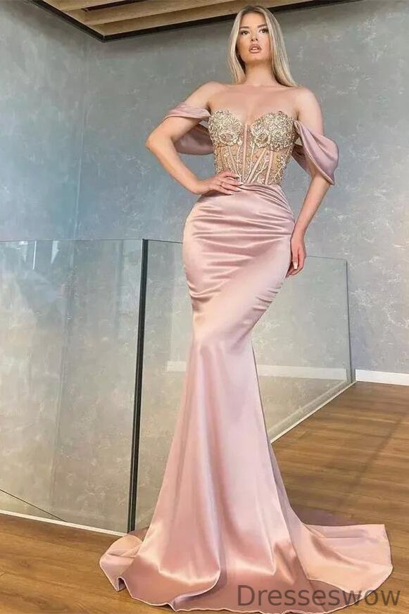 Dresseswow Dusty Pink Of-the-Shoulder Mermaid Evening Dress Slit With Beadings