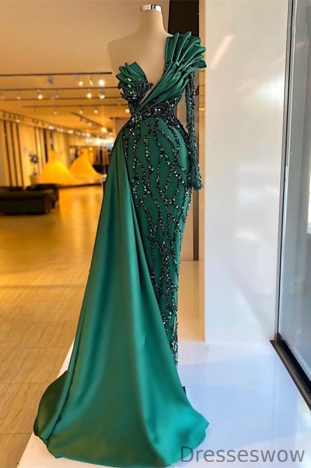 Dresseswow Long Sleeve Dark Green Mermaid Evening Dress With Beadings One Shoulder