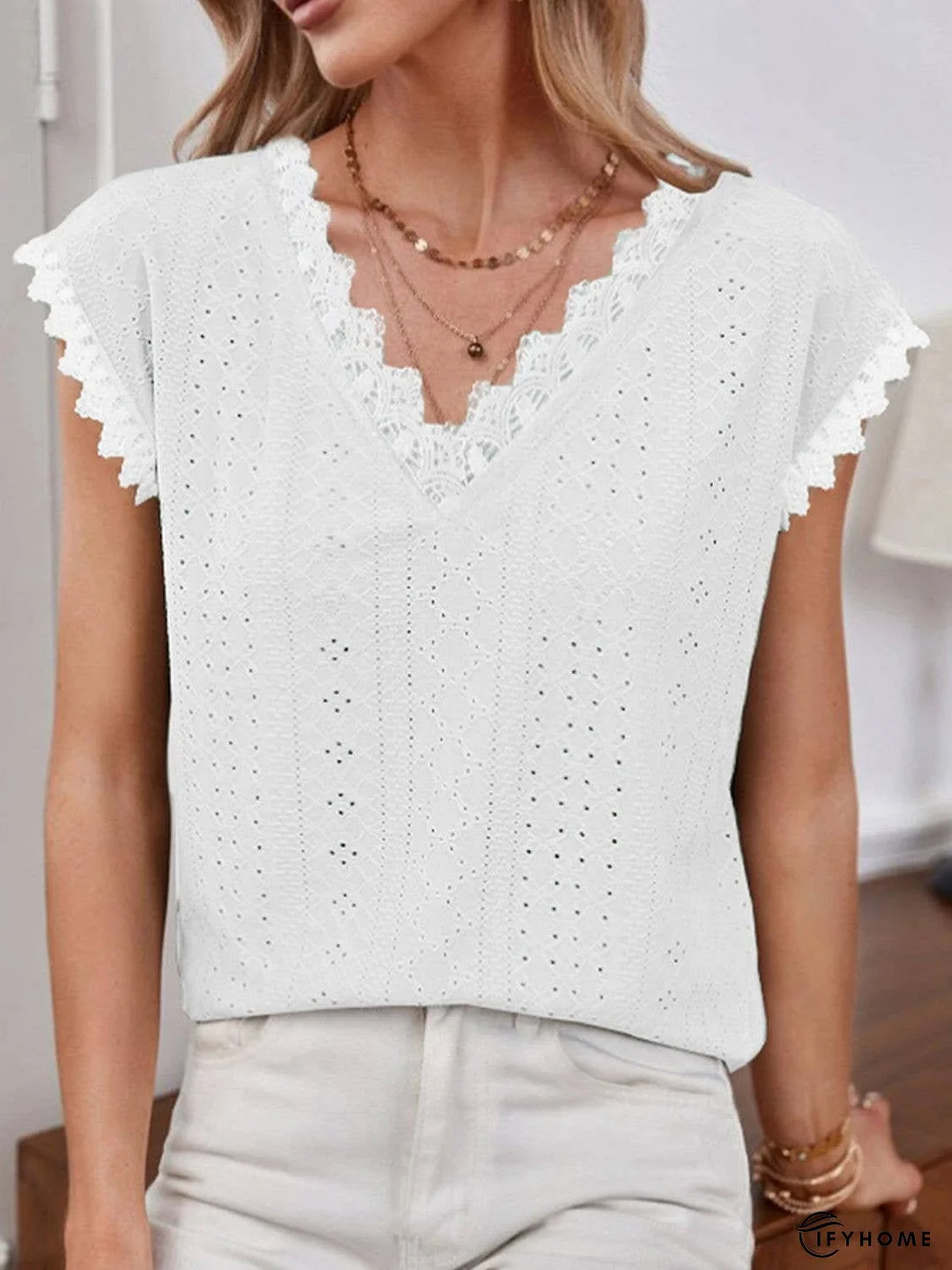 V-Neck Eyelet Short Sleeve Top | IFYHOME