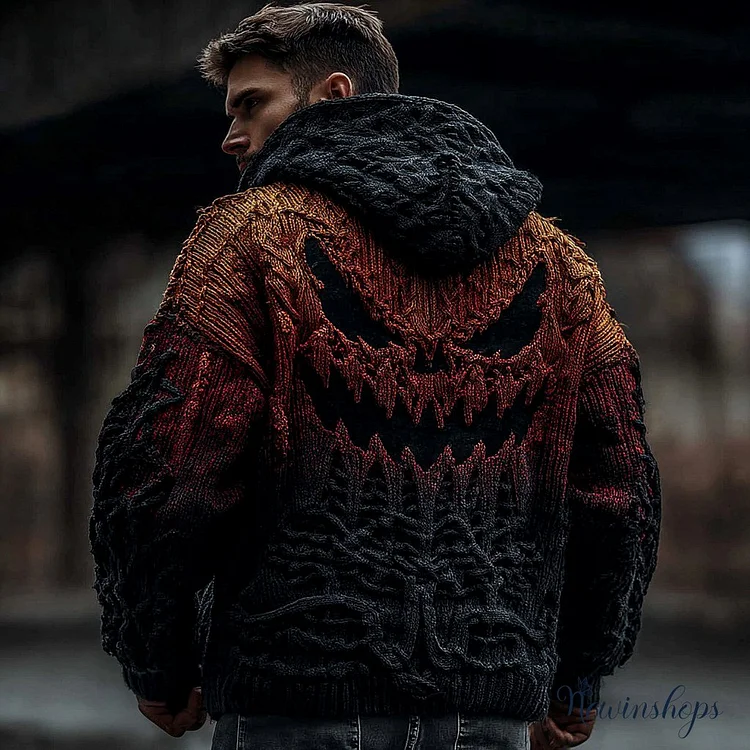 Viking Halloween Scared Pumpkin Face Jacquard Knit Twist Zip Hooded Sweater Cardigan