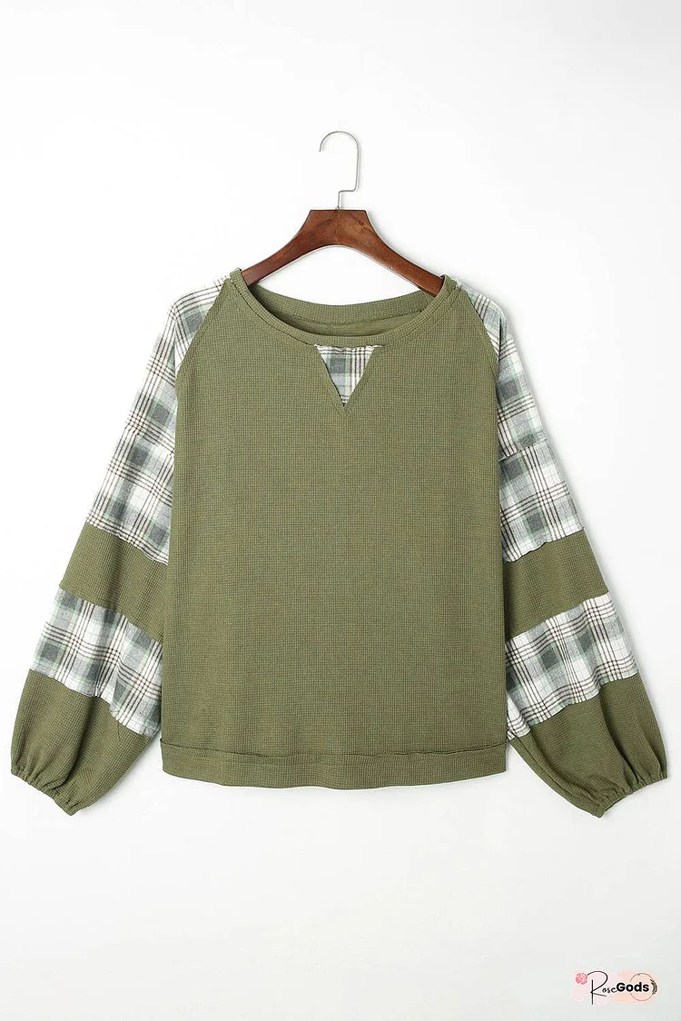 Plaid Patch Waffle Knit Exposed Seam Top