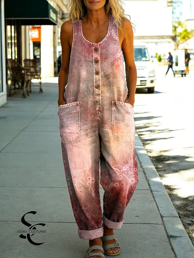 Women's Flowers Floral Casual Cotton Vest Denim Jumpsuit