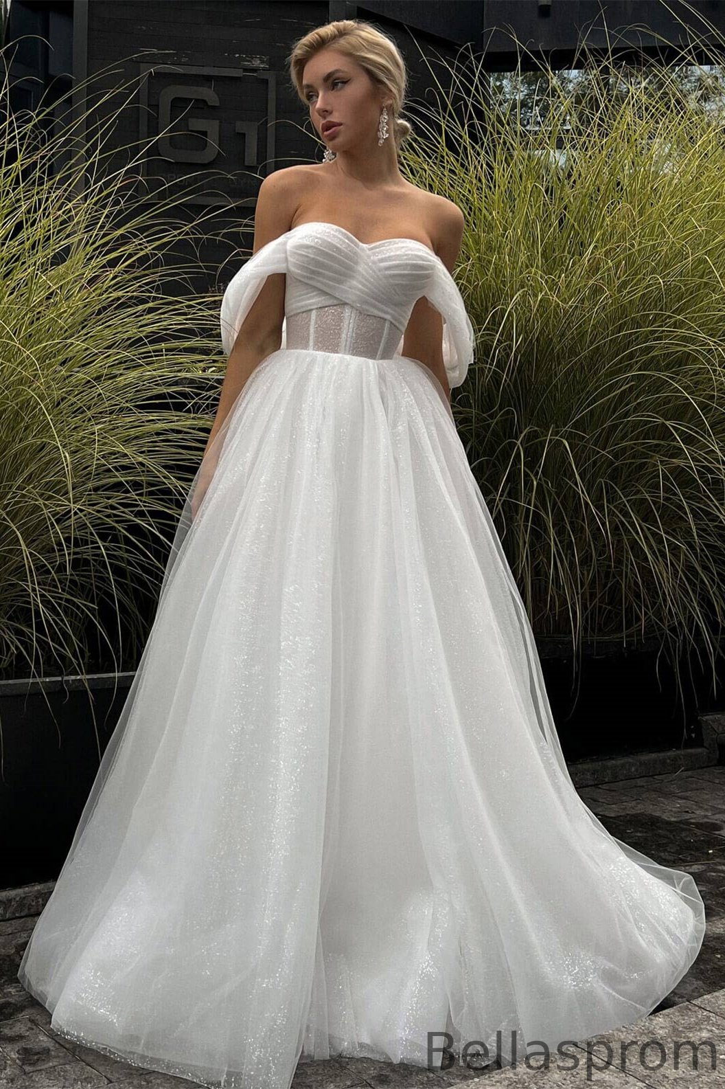Bellasprom Off-the-Shoulder Shiny Wedding Dress Split Long Zipper Back Bellasprom