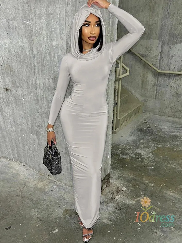 IO Dress Simenual Solid Casual Hooded Long Sleeve Maxi Dress Fashion Elegant Women Hem Split Bodycon Dresses Y2K Basic Trim Streetwear