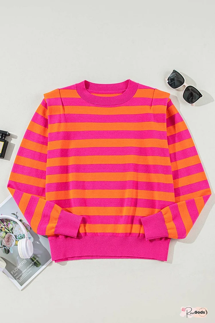 Stripe Shoulder Pad Round Neck Sweater